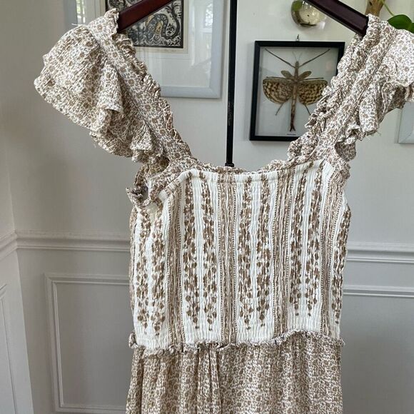 Sim & Sam Smocked Top Jumpsuit Natural Ivory Calico S - Picture 7 of 9